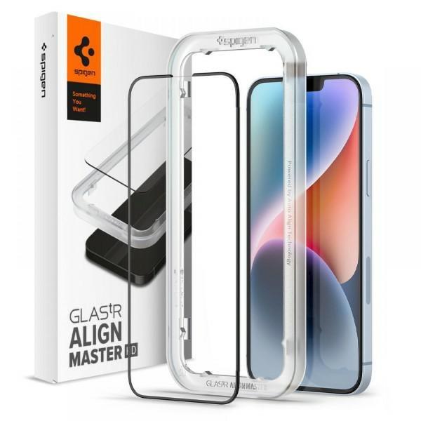 Spigen Alm Glass FC iPhone 17e/16e/14/13 Pro/13 Tempered Glass Black Frame with Mounting Frame AGL03725