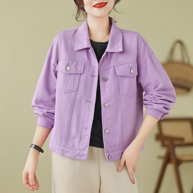 Новая джинсовая куртка цвета конфет для женщин — свободный крой, облегающий дизайн, повседневный стиль Гонконга