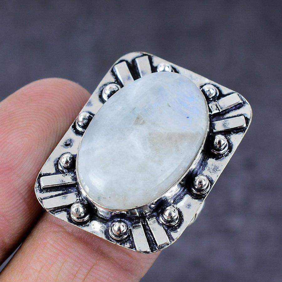 Кольцо из стерлингового серебра 925 пробы с натуральным радужным лунным камнем ручной работы S.8.5 F5V59