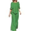 2Pcs/Set Women Casual Outfit O-neck Long Sleeve Tops Elastic Waist Wide Leg Long Pants Set Solid Color Loungewear