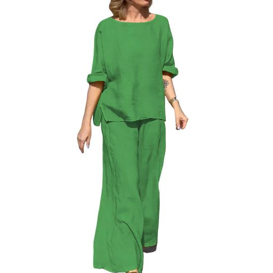 2Pcs/Set Women Casual Outfit O-neck Long Sleeve Tops Elastic Waist Wide Leg Long Pants Set Solid Color Loungewear