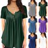 Women V-neck Solid Short  Sleeve Pleated Ruffle Tunic ButtonsT Shirt Blouse