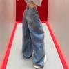 ZYLLO Letter Hot Diamonds High Waited Jeans Woman Street Fashion Baggy Jeans Women Clothing Casual Versatile Pants Women