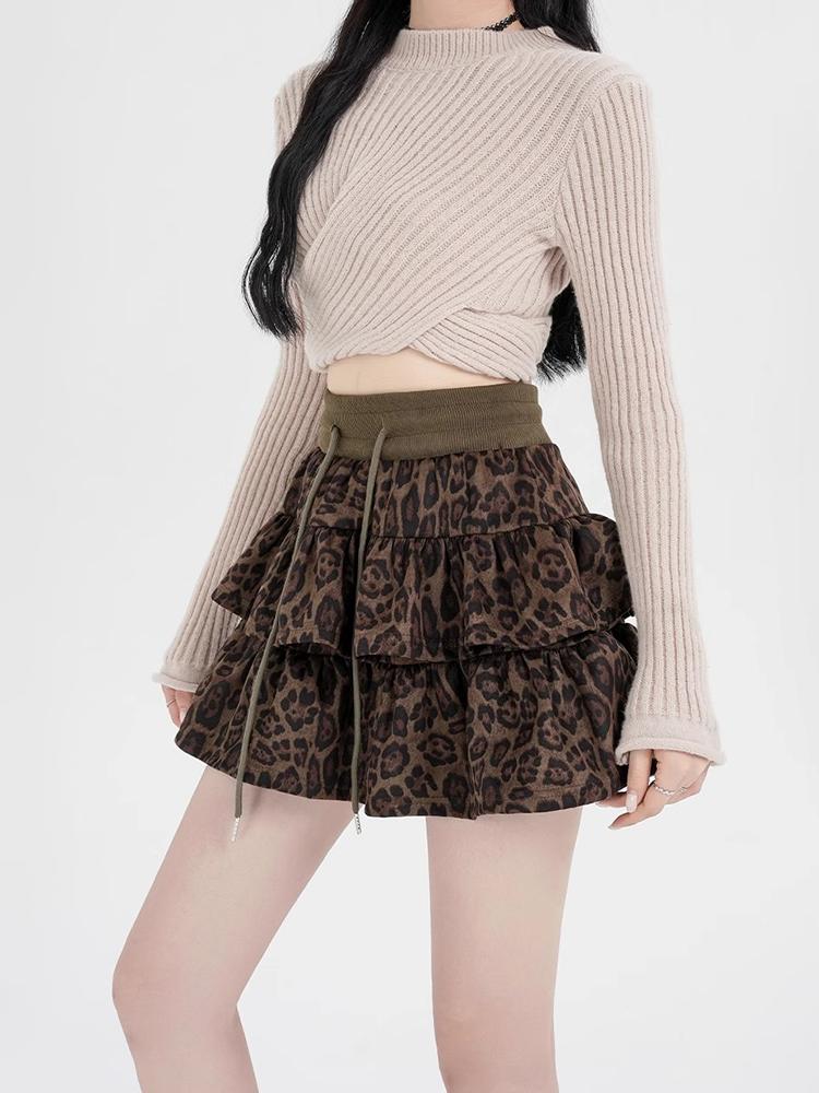 Женская леопардовая юбка Y2k Shoujo Girl Aesthetic 2000s Mini Ruffles Skirt Gyaru Coquette с эластичной талией Cyber Punk Cake Skirt