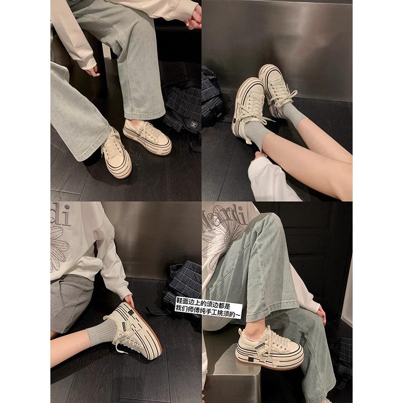 Калифорнийский колледж повседневный стиль грубой кромки нищенские туфли женские 2025 новые парусиновые туфли на толстой подошве с завышенной круглой головкой на шнуровке