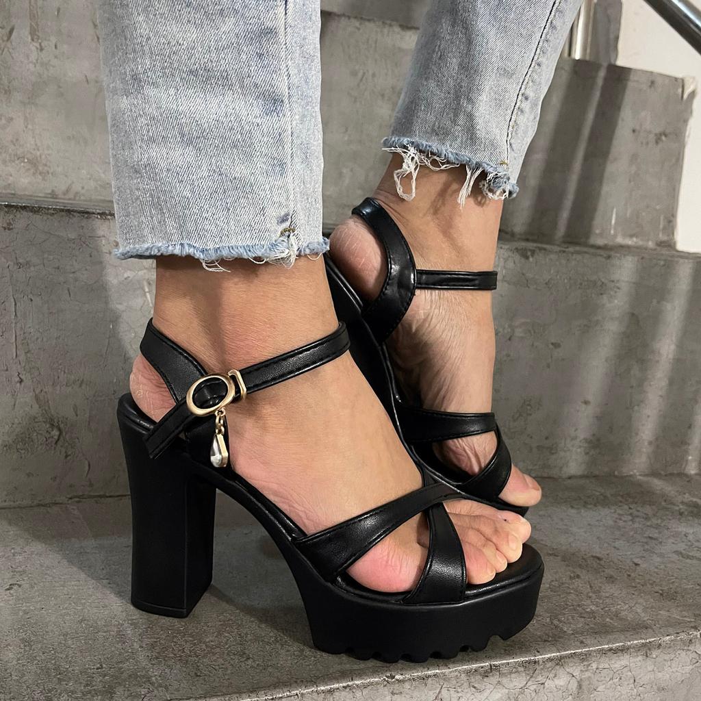 Sandals Woman Fish Sandals Leather Fashion Sole Strap Buckle Mouth Thick High Heel Ladies Women'S Sandalias De Plataforma