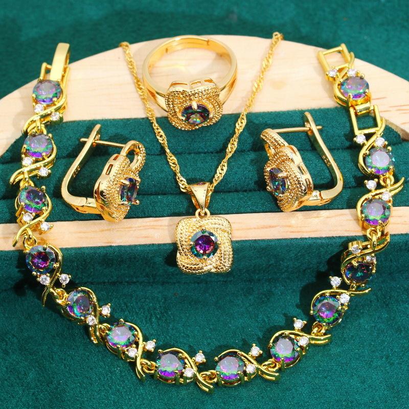 Антиаллергенный цирконовый браслет, ожерелье, серьги, кольцо, комплект женских украшений