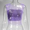 Leqoel Sexy Mesh Out Backless Tank Hollow Summer Rhinestones Tops New Fashion Party See Through Fishnet Crop  for Women