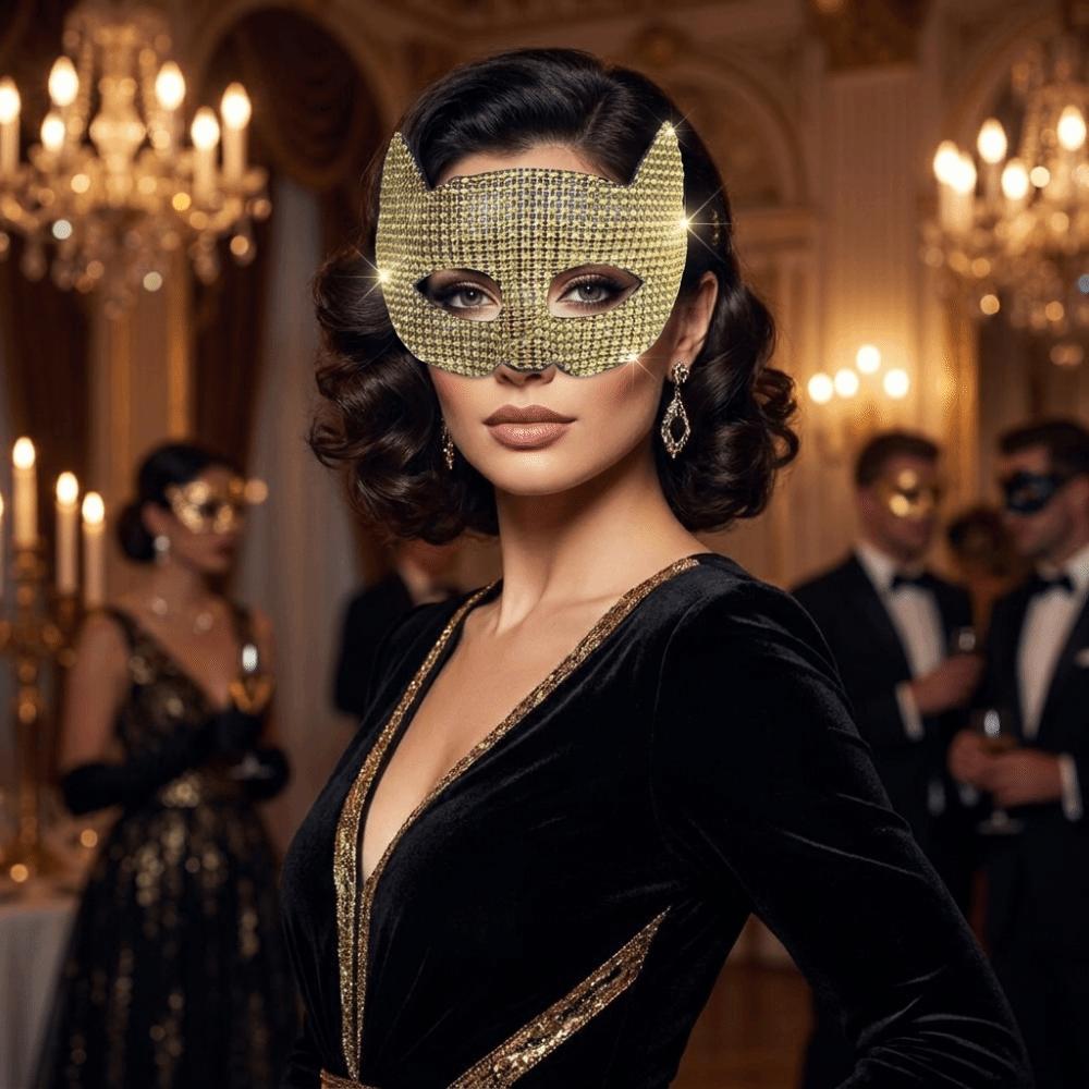 Sparkly Cat Ear Half Face Mask Rhinestone Masquerade Eye Mask New Halloween Mask Costume Party