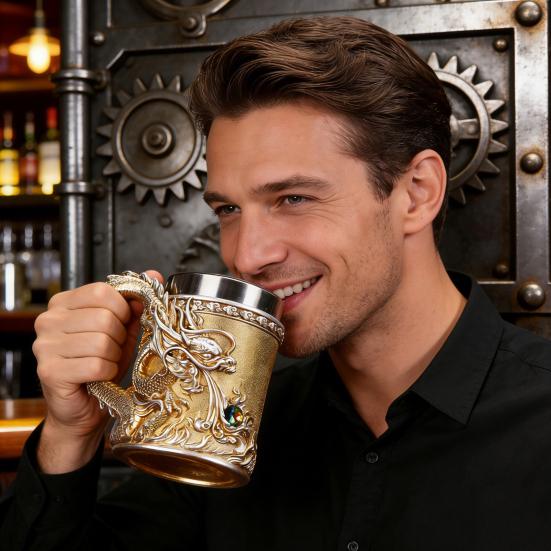 Кружка Дракона с Эргономичной Ручкой Изолированная Металлическая Глазурь Кружка Дракона для Горячих Напитков Стильная Рельефная Чашка Дракона Подарки для Мужчин Чайные Пивные Кружки