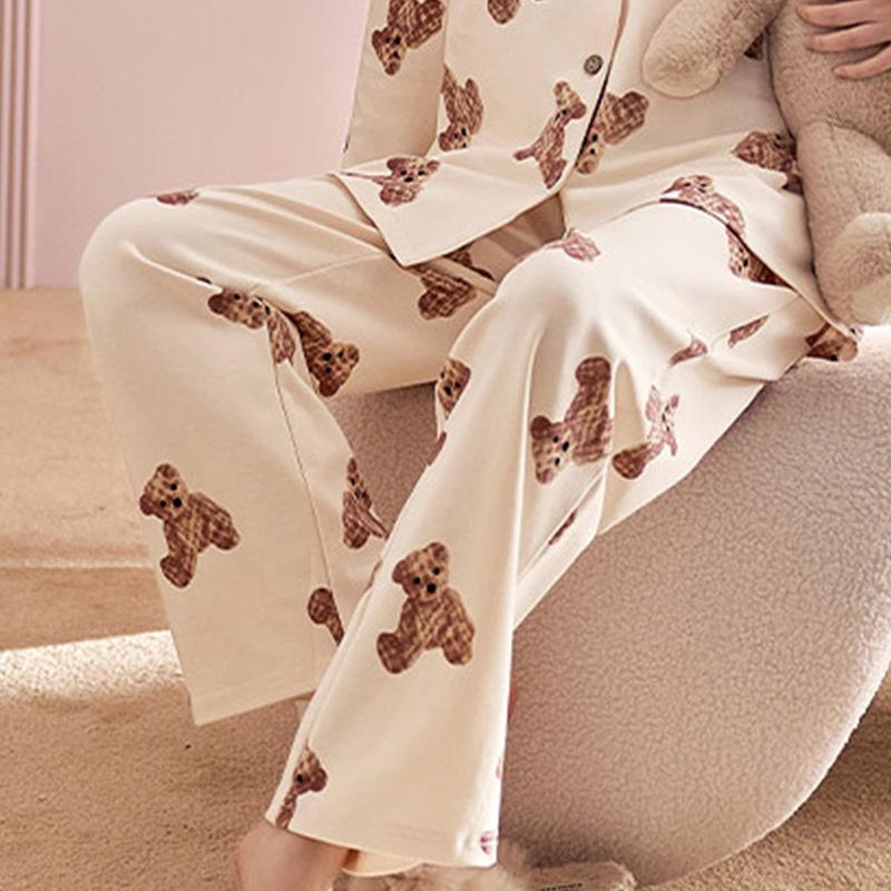 Women's Loose Pajama Pants with Cartoon Bear Print for Spring and Autumn, Wearable Outdoors, Home Leisure Straight Pants