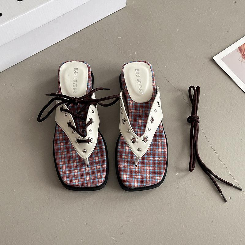 Квадратный носок клетчатые толстоподошвенные женские шлепанцы модный летний универсальный дизайн носок отпуск танкетка шлепанцы сандалии