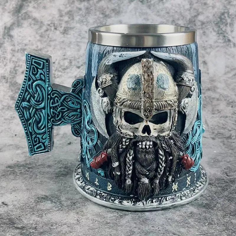 Medieval Viking Pirate Beer Mug Skull Mug Creative Large Capacity Mug Embossed Stainless Steel Coffee Mug Whiskey Cup Bar Party Halloween Gift