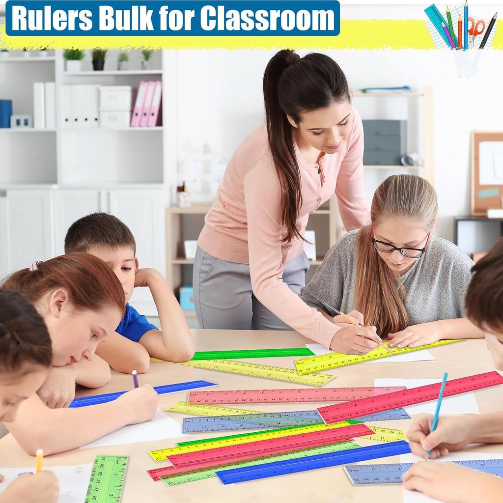 12 Inch Plastic Rulers, 32 PCS Transparent Assorted Color Metric Bulk Rulers with Inches Centimeters Millimeter. Measuring Drawing Tool for Kids,