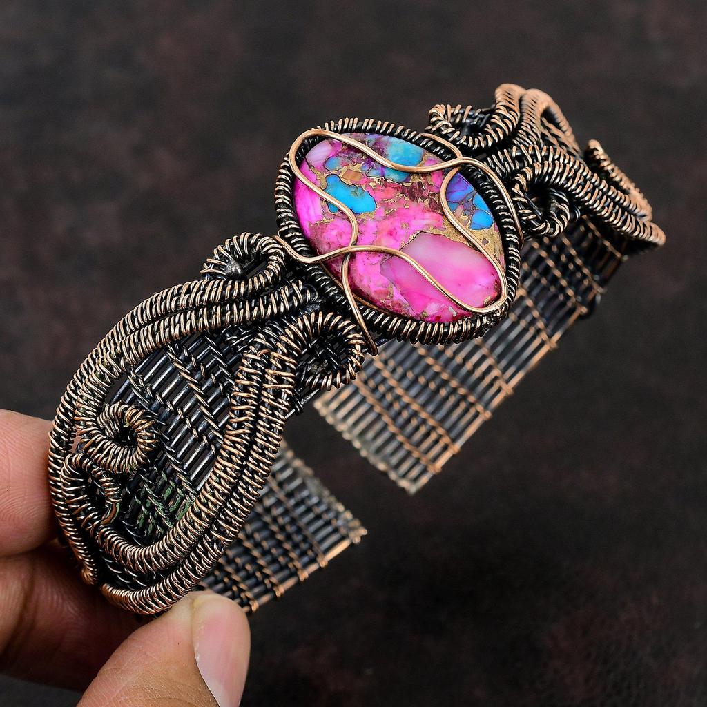 Браслет-манжета Kingman Pink Dahlia Turquoise с драгоценными камнями, браслет-манжета из проволоки, ручная работа, ювелирные изделия из медной проволоки, регулируемый браслет, подарок