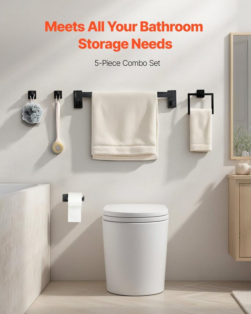 Matte Black Bathroom Hardware Set, 5 Pieces Stainless Steel Bathroom Accessories Set, 24-inch Towel Bar, Towel Rack, 2 Robe Towel Hooks, Toilet Paper