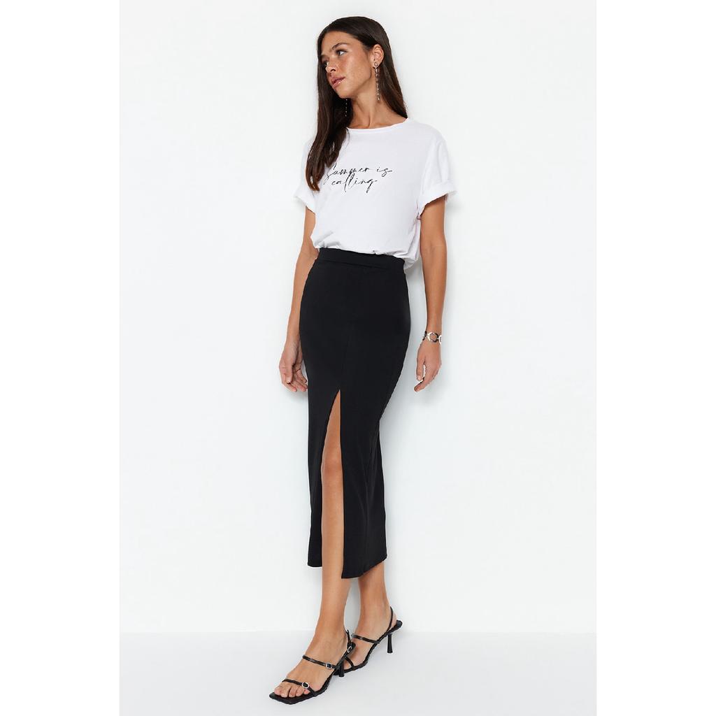 Black Smart Crepe Slit Detailed Maxi High Waist Stretchy Knitted Skirt Twoss23et00351