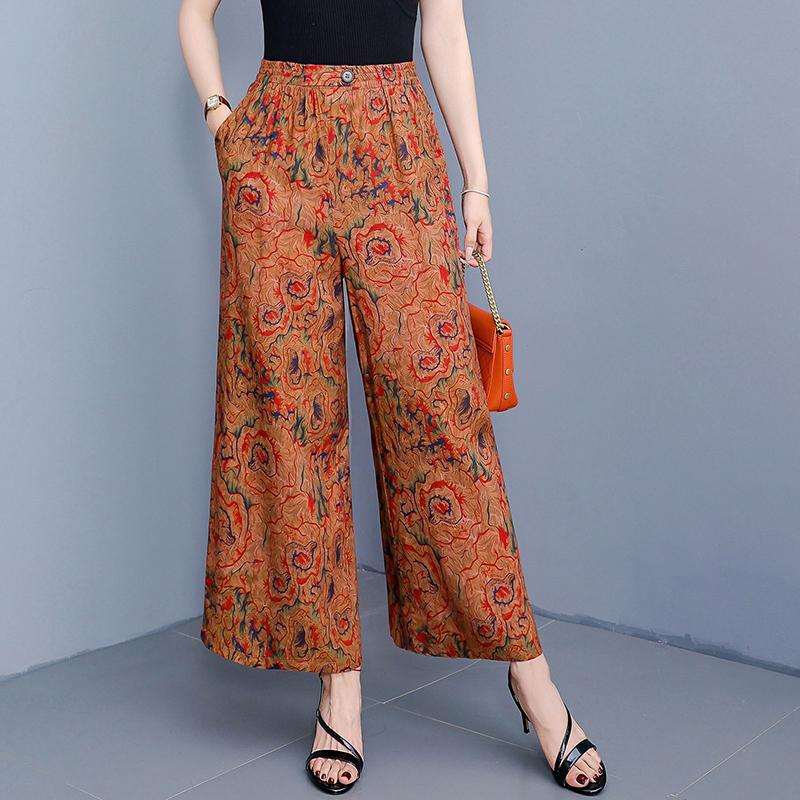Элегантные летние брюки с высокой талией для женщин, повседневные широкие брюки с эластичной талией, винтажная одежда больших размеров