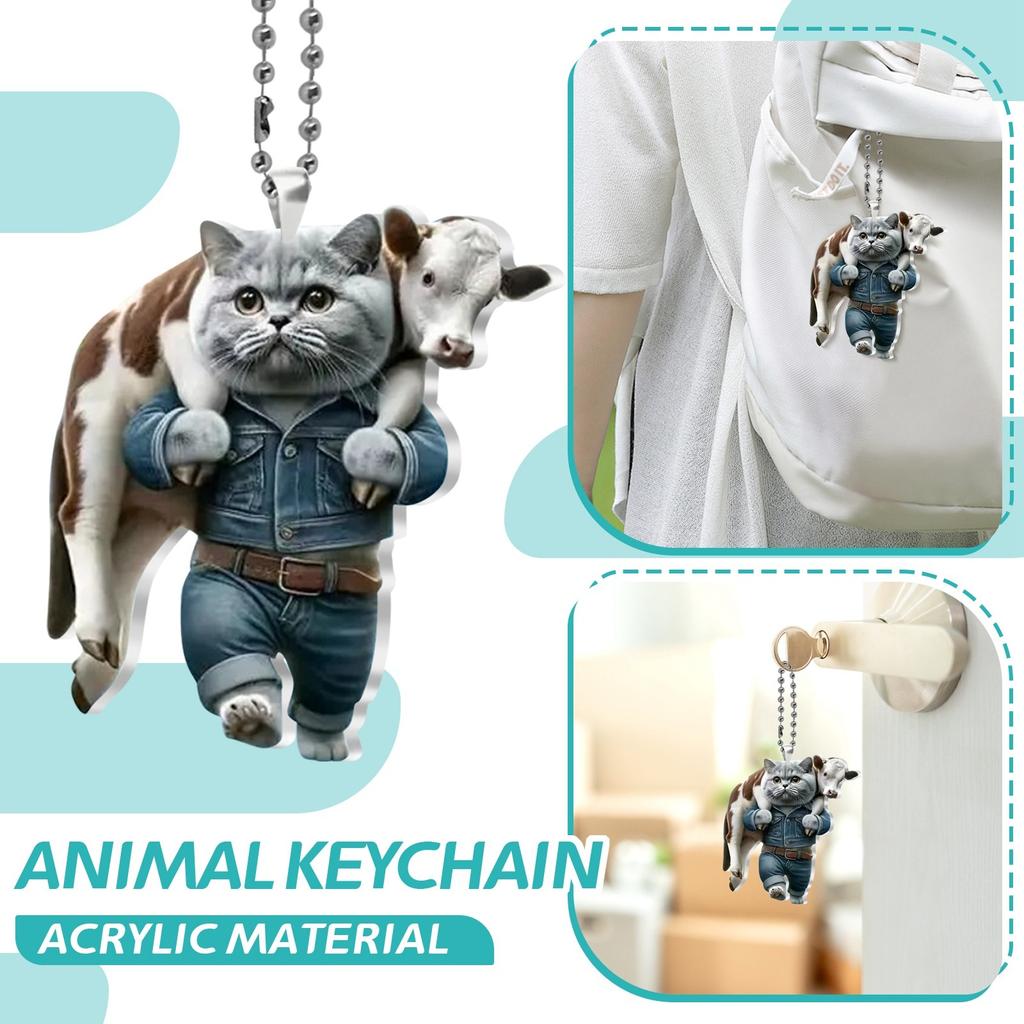 2D Cute Car Acrylic Flat Rearview Mirror Pendant Keychain Accessories