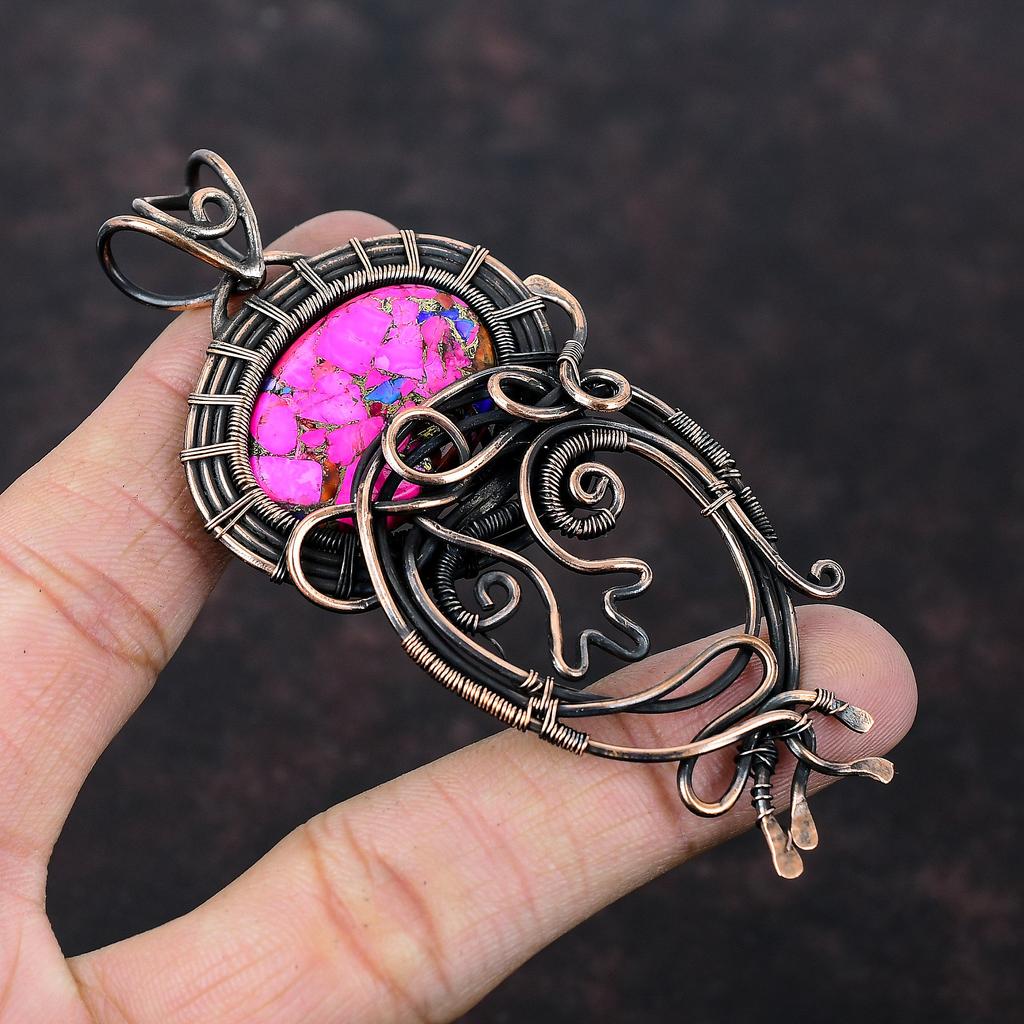 Натуральный Кингман Розовая Далия Бирюза Подвеска Медная проволока Обмотанные украшения Ручной работы Подвеска с драгоценным камнем Медная подвеска Подарок для мамы Подвеска из проволоки