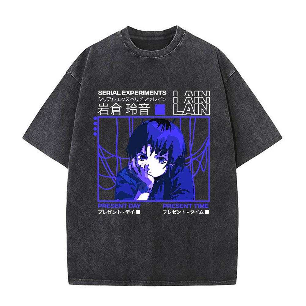 Serial Experiments Lain Anime Vintage Washed T-Shirt Manga Iwakura Girl Sci Fi Short Sleeve T-shirts 100% Cotton Casual T Shirt