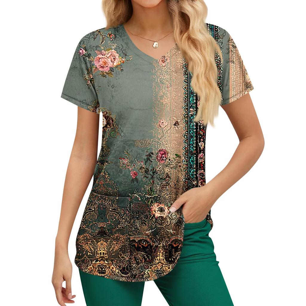Plus Size Printed Scrub Working Uniform Tops For Women's V-Neck Print Short Sleeve Fun T-Shirts Workwear Tee With Pockets