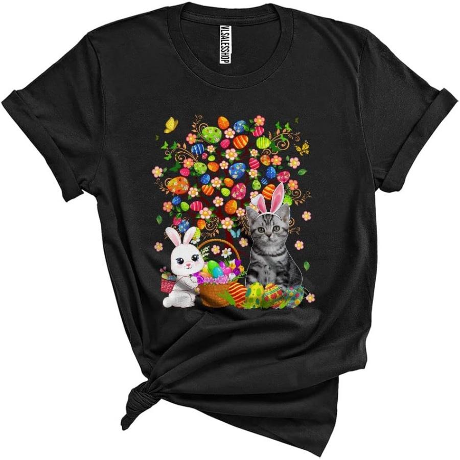 Bunny American Shorthair with Easter Egg Tree Cool Cute Easter Day Bunny Egg Hunt Cat Lover Unisex T-Shirt Black