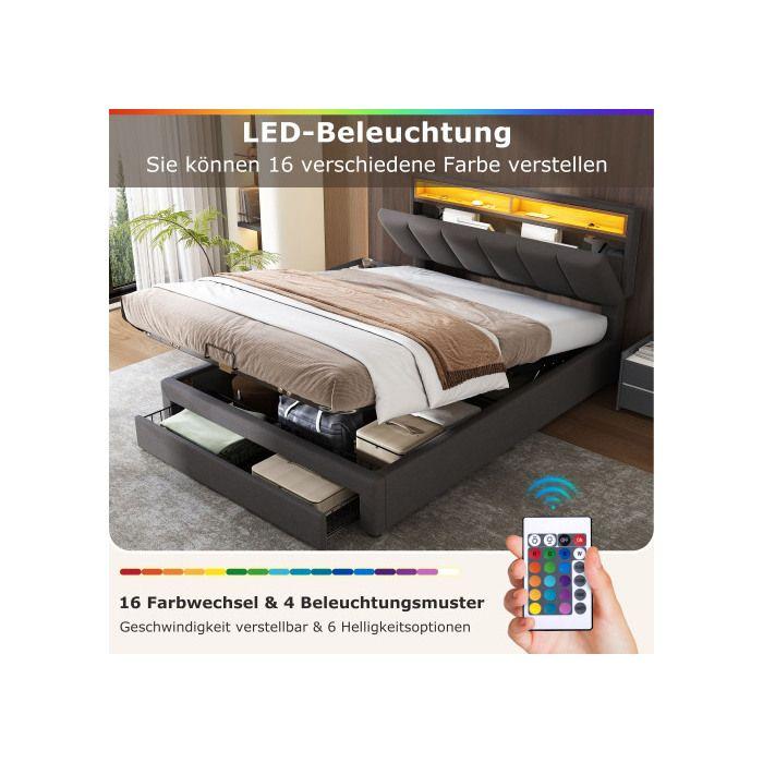 Lit double - MUVOE - 140x200 cm - Rembourré en lin - Éclairage LED réglable - Sommier à lattes