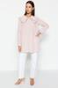 Women's Fashion Woven Shirt with Pompom Detail On Pink Collar