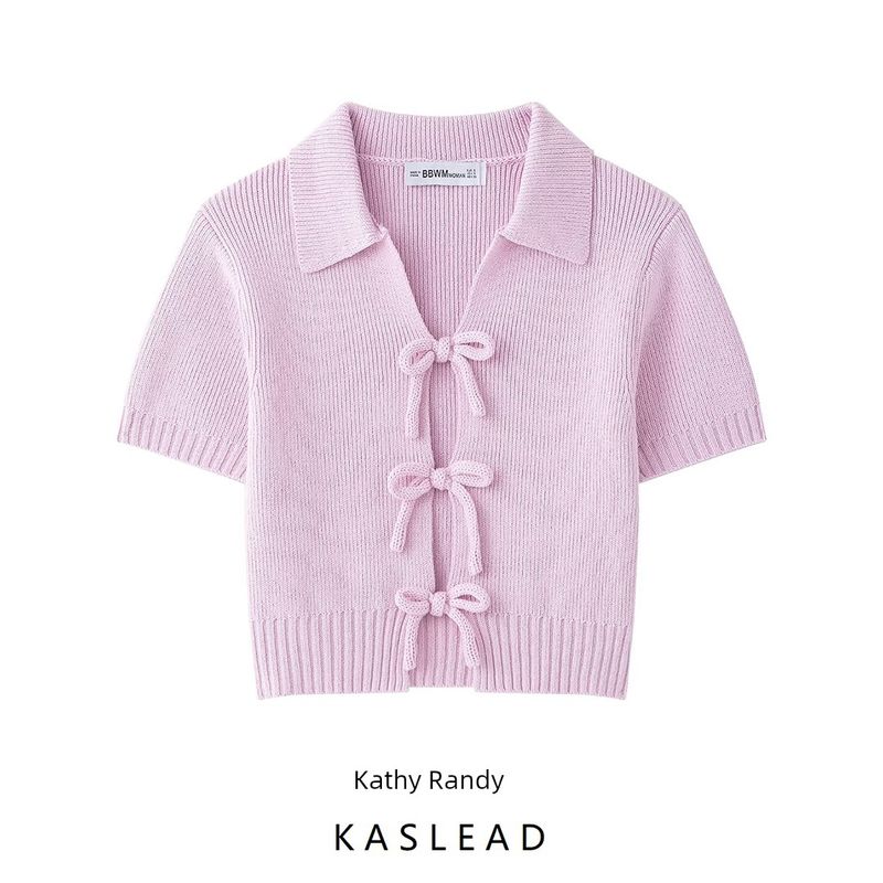 Kaslead New Women Clothes Western Style Bowknot Decoration Knitted Short Sleeve Round Neck Top 2142007 637