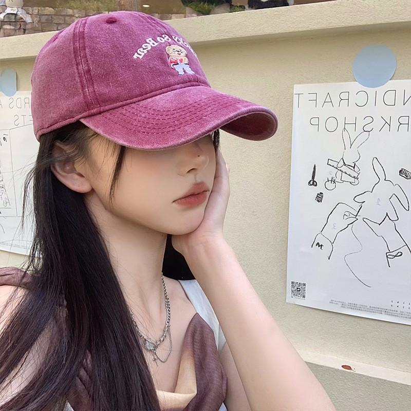 Vintage Bear Denim Baseball Cap For Women Stylish Distressed Soft Top Hat