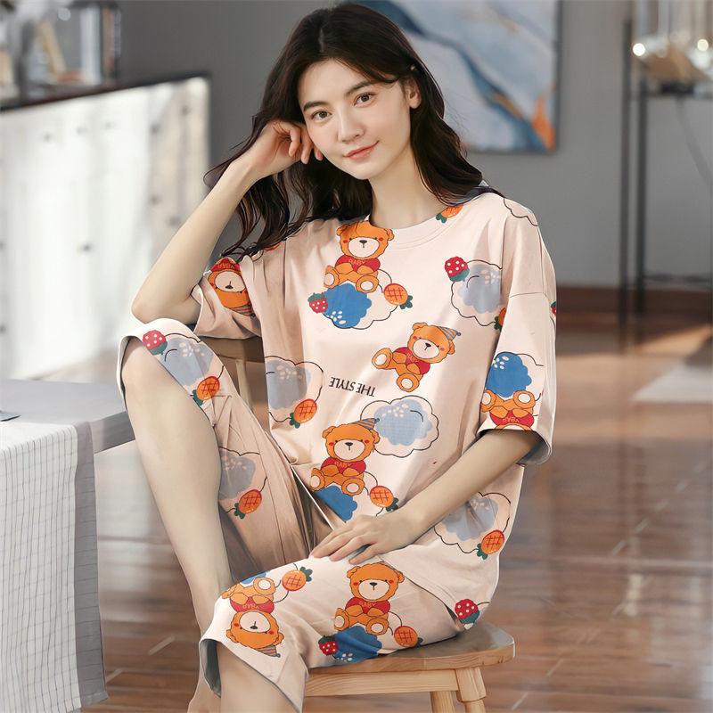 Летние капри в клетку женские пижамы для сна с короткими рукавами пижамные комплекты с рисунком пижамы из полиэстера 3XL 5XL домашняя мода