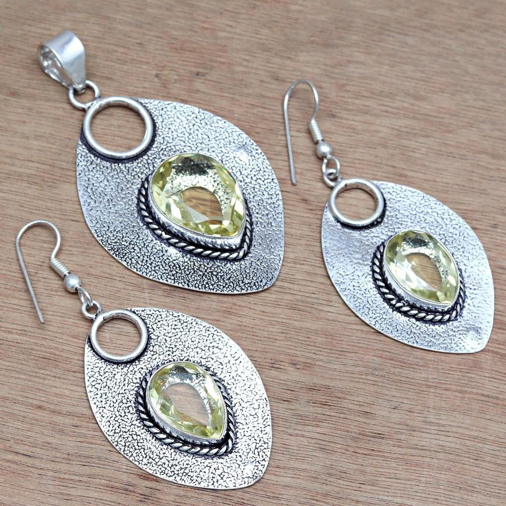 Lemon Topaz Gemstone Mother's Day Jewelry Pendant Earring Set