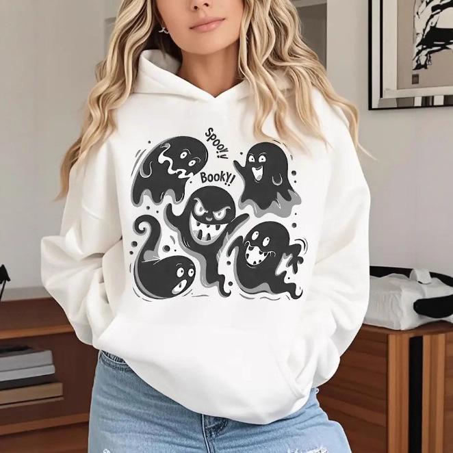 2025 Halloween Ghost Hoodie: European & American Style, Loose Fit with Ribbed Hem