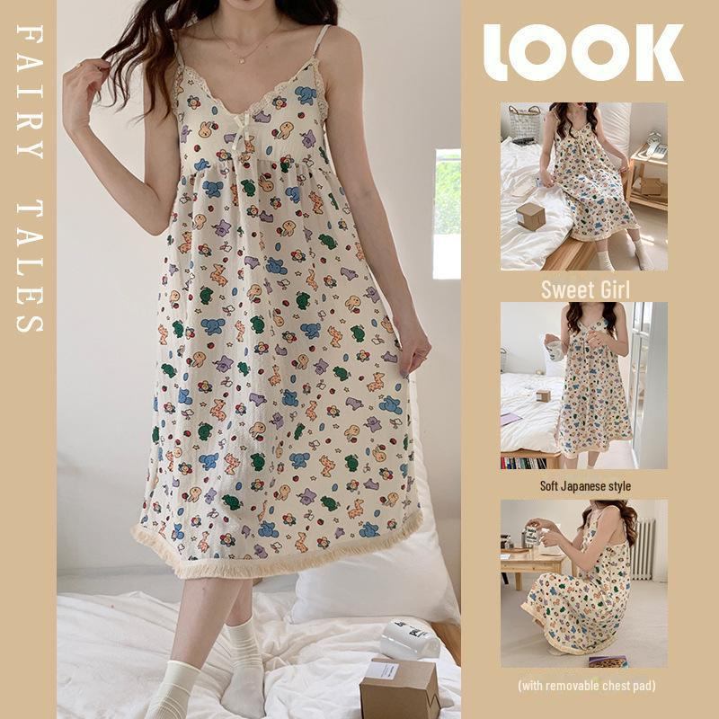 Женская летняя ночная рубашка из хлопка с пузырьками и подтяжками на груди — легкая, стильная домашняя одежда для дома и улицы