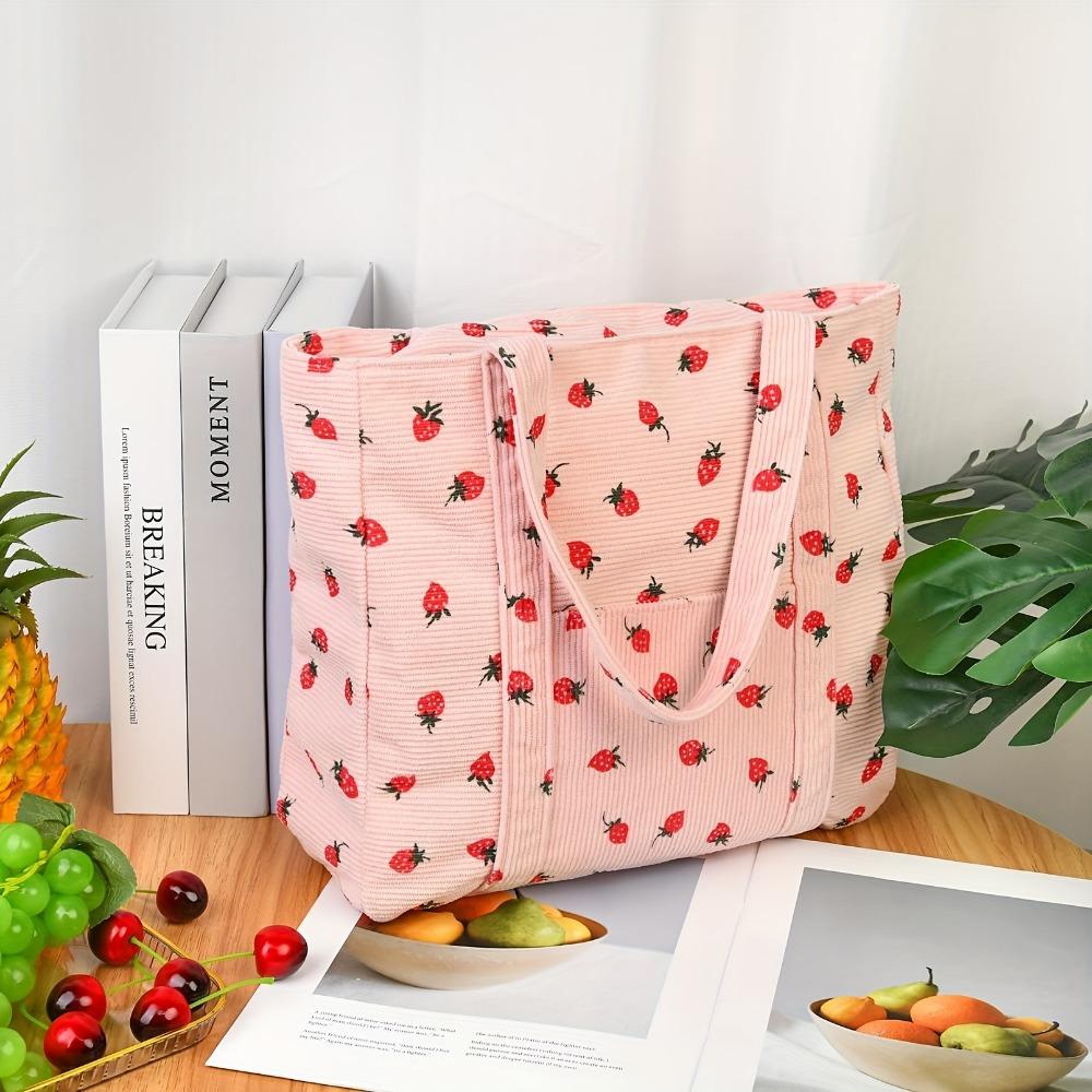 Вельветовые сумки-тоуты для женщин, большая вместительная сумка, эстетичная многоразовая сумка для продуктов из клубники, фермерская сумка через плечо для девочек