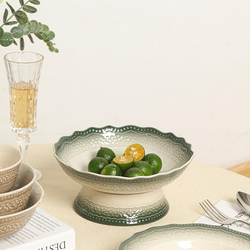 Ancient European Style Ceramic Dining Plate Underglaze Jadeite Green Breakfast Bread Steak Plate Household Kitchen Tableware