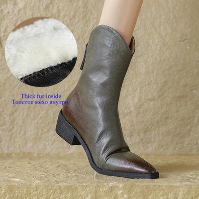 Обувь из спилка коровьей кожи Осень Зима Шерсть Массивный каблук Размер 43 Размер 42 Острый носок Градиент цвета Молния Мех Ботильоны до щиколотки