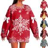 Ladies' Christmas Printed Bow Round Neck Long Sleeved Loose Pullover Sweater Sweatshirt Top