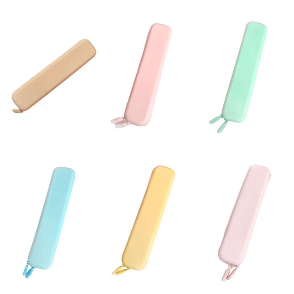 Fashion Solid Color Silicone Pencil Case Zipper Multifunctional Pen Bag Long Soft Stationery Storage Bag Friends