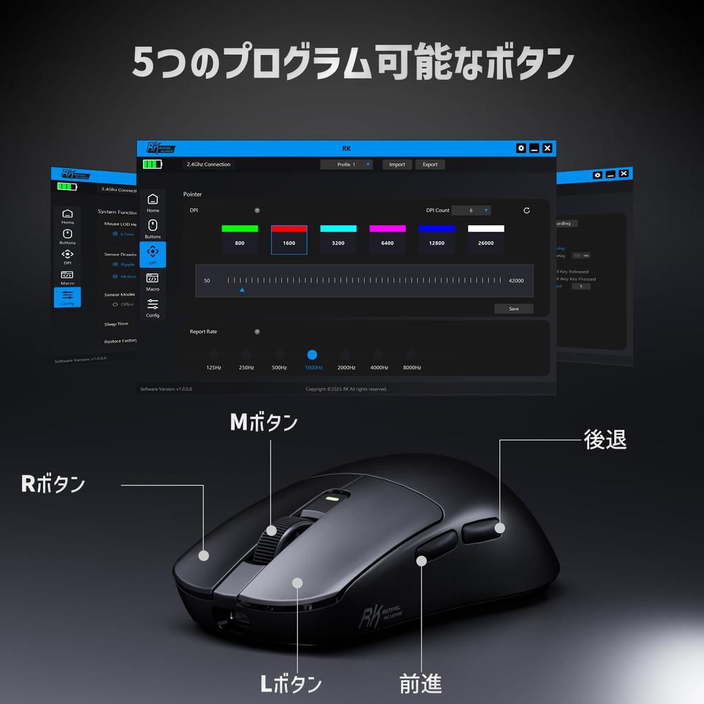 RK ROYAL KLUDGE RK M3 Wireless Gaming Lightweight PAW3950 Optical 42000 8000Hz Polling 5 Customizable Black Mouse, Rechargeable, 47g, Sensor,