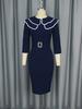 Vintage Navy Blue Bodycon Midi Dress with Contrast Trim Lapel Collar and Belt Elegant Plus Size Party Dresses for Women Formal Office Wear