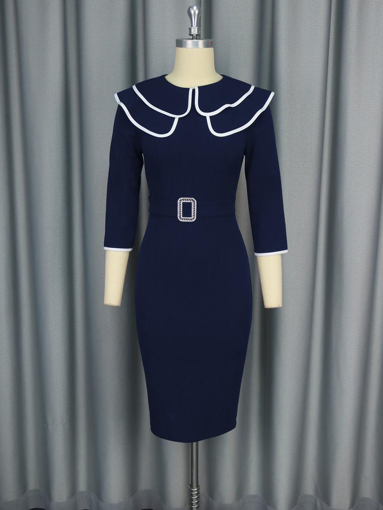 Vintage Navy Blue Bodycon Midi Dress with Contrast Trim Lapel Collar and Belt Elegant Plus Size Party Dresses for Women Formal Office Wear