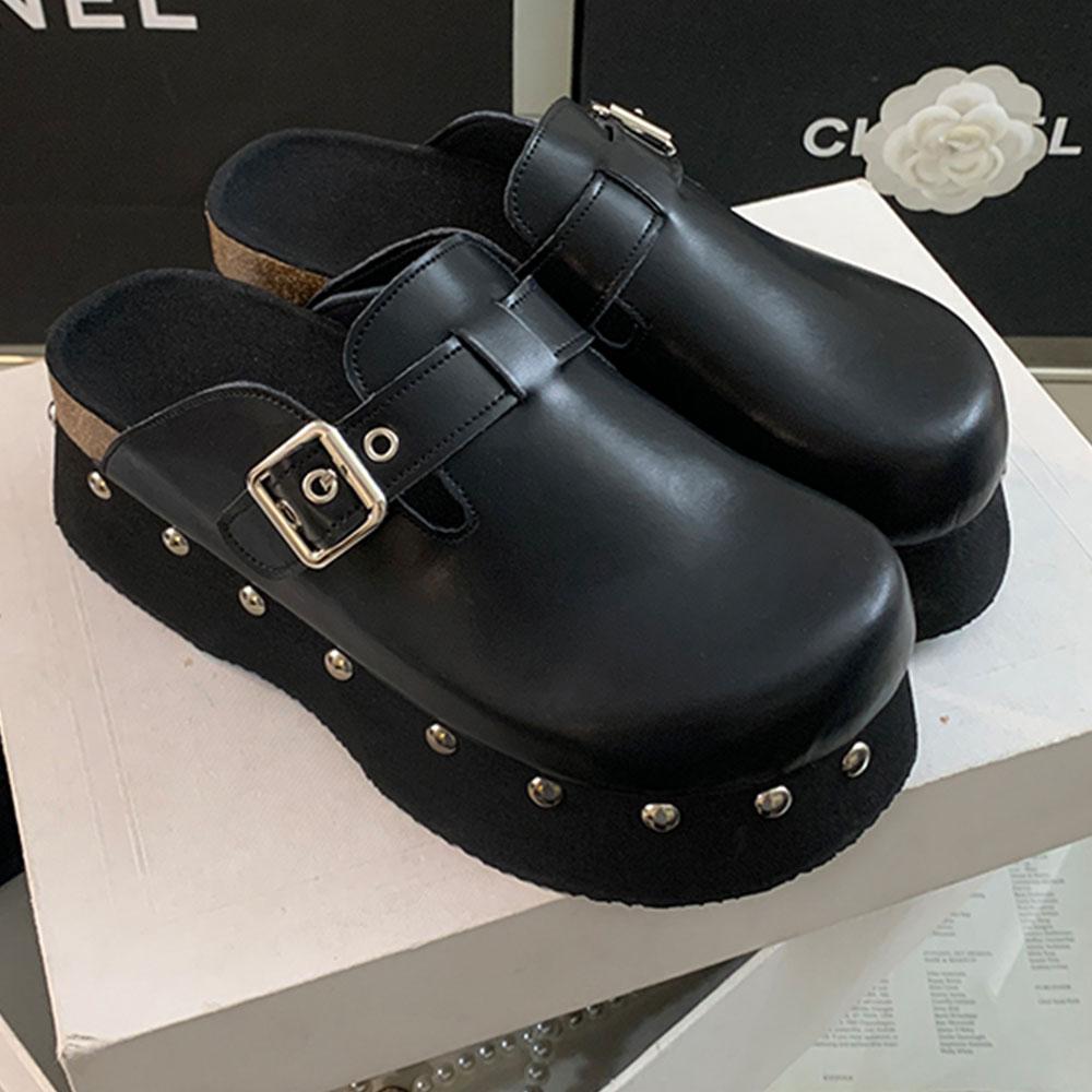 Summer Trendy Platform Mules Shoes For Women Genuine Leather Rivet Slip-on Punk Chunky Heels Women Flat Pumps