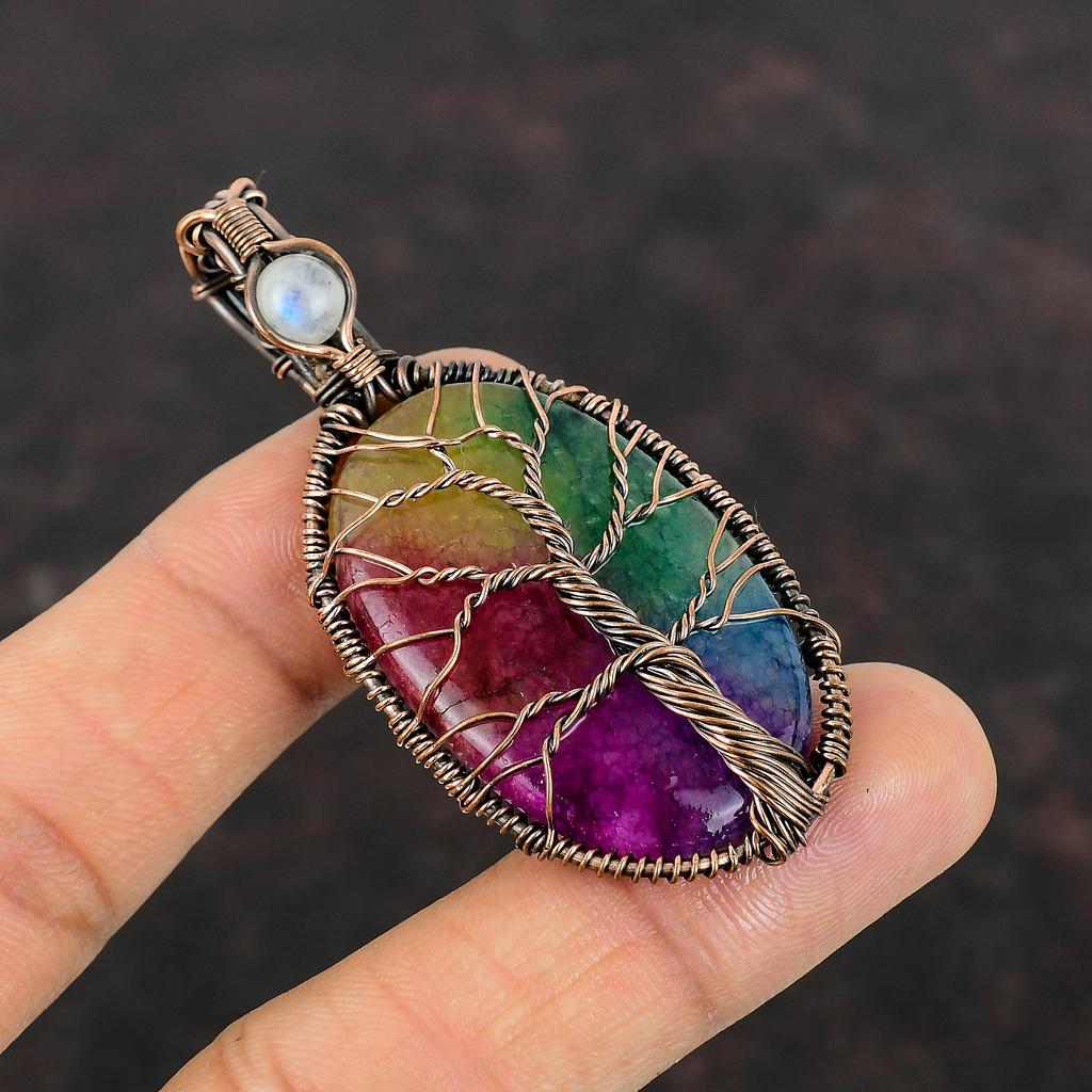 Tree Of Life Rainbow Solar Quartz Druzy Pendant Copper Wire Wrapped Pendant Moonstone Pendant Real Gemstone Pendant Handmade Copper Jewelry