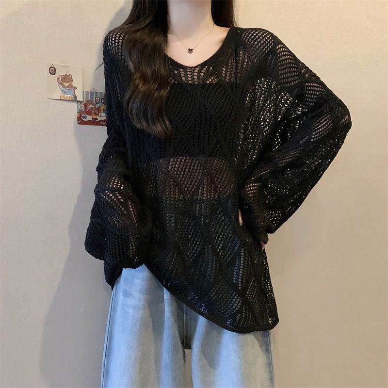 Lazy Style Hollow Out Knitted T-shirt for Women In Summer Thin Outer Layer Sun Protection Cover Fat MM Loose and Slimming Top