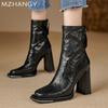 Fashion High Heels Women Square Toe Leather Snow Boots Dress Sexy Fashtion Ankle Boots Women 2024 Trend New Winter Designer Botas Mujer