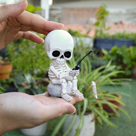 Shaking Head Fishing Skull Resin Mini Skeleton Fisher Sculpture Halloween