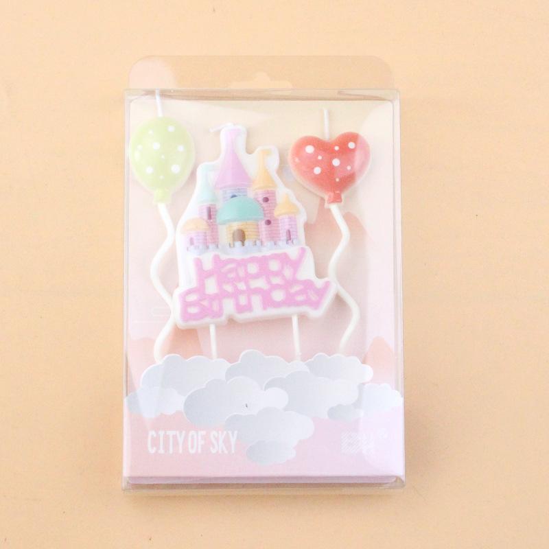 New Children's Birthday Baking Cake Decoration Cute Cartoon Castle Shape Pink Blue Balloon Candle