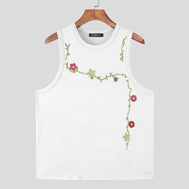 Incerun Neck O Men Summer Sleeveless Embroidery Casual Loose Thin Tank Tops